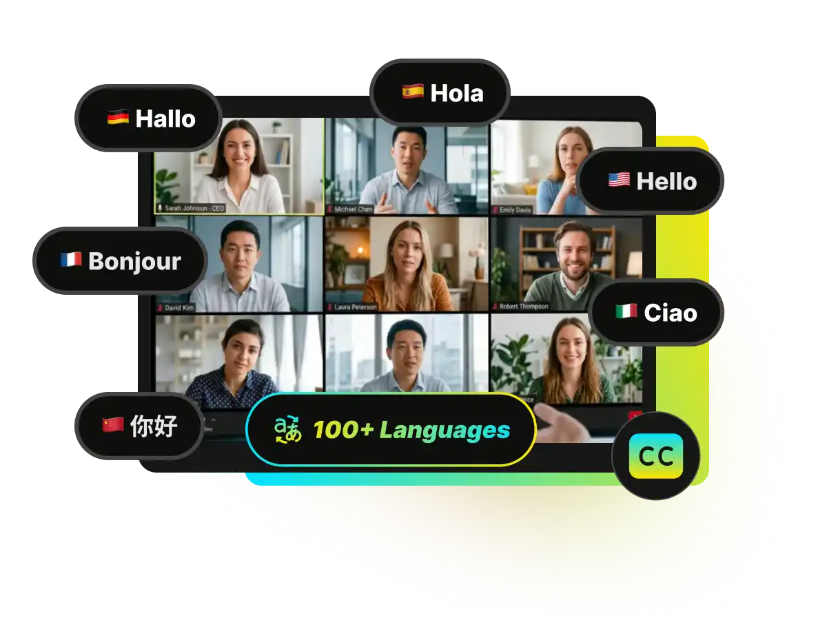 A video conference grid with speech bubbles translating greetings into multiple languages like Bonjour and Hola, representing 100+ supported languages.